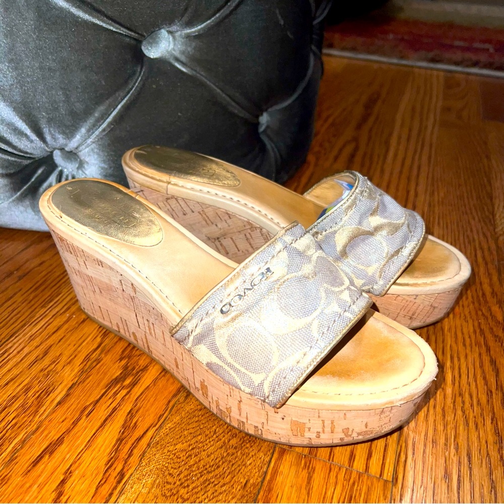 Coach Slip on Cork Platform Wedges - Gold - Size 6.5 - EUC - Fabric & Leather